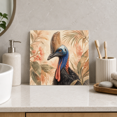 Cassowary ceramic decorative tile in Warm Country, shown in a room mockup