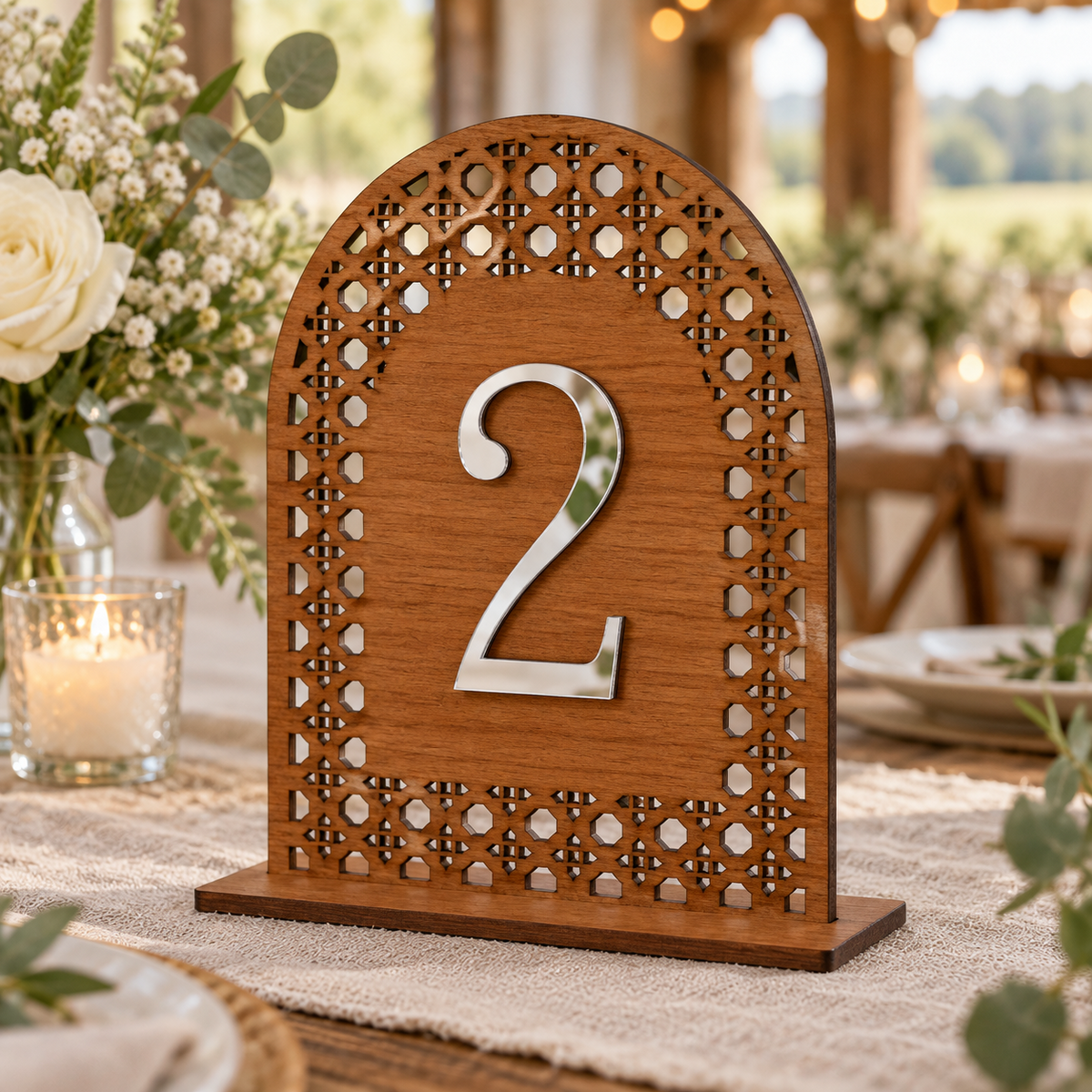 Celestial Mosaic Arch Table Number in varnished wood with silver raised number and flat base