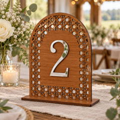 Celestial Mosaic Arch Table Number in varnished wood with silver raised number and flat base