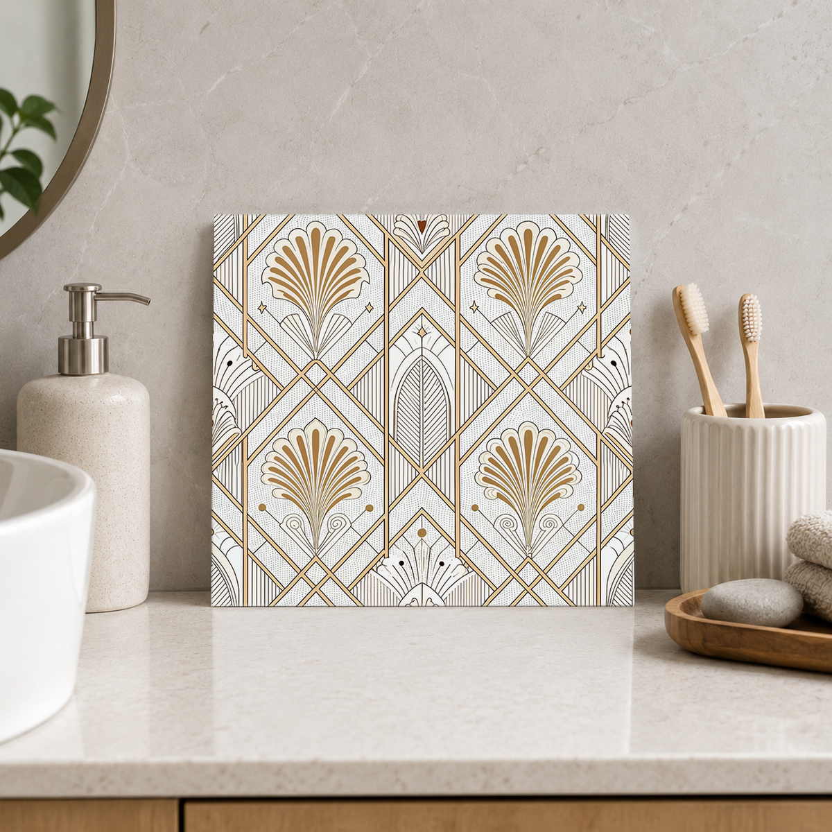 Champagne Fans on White Tile displayed in the bathroom tile mock-up