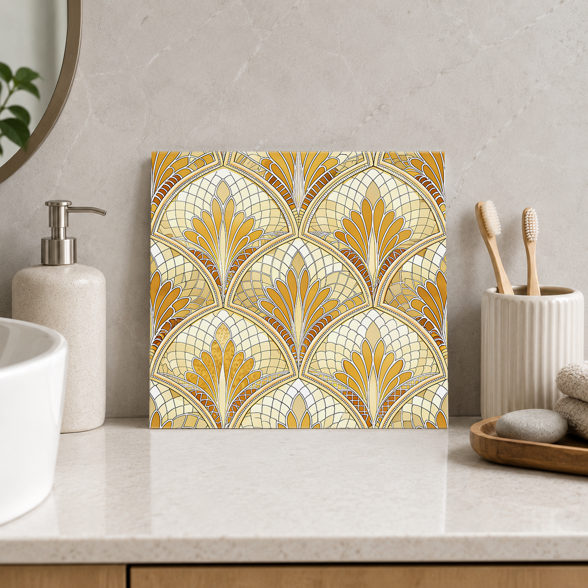 Champagne Feather Fans Tile displayed in the bathroom tile mock-up