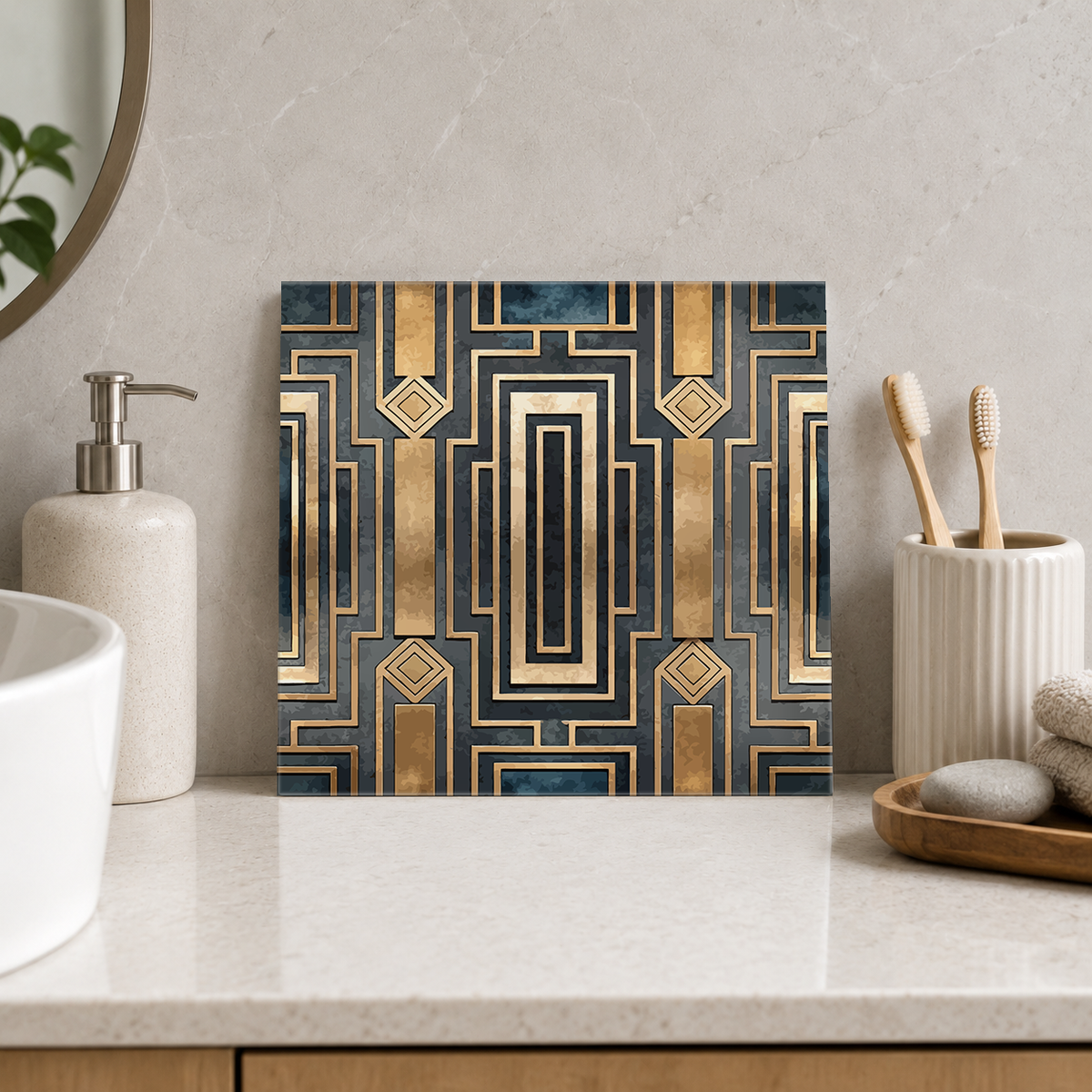 Charcoal and Gold Tall Rectangles Tile displayed in the bathroom tile mock-up