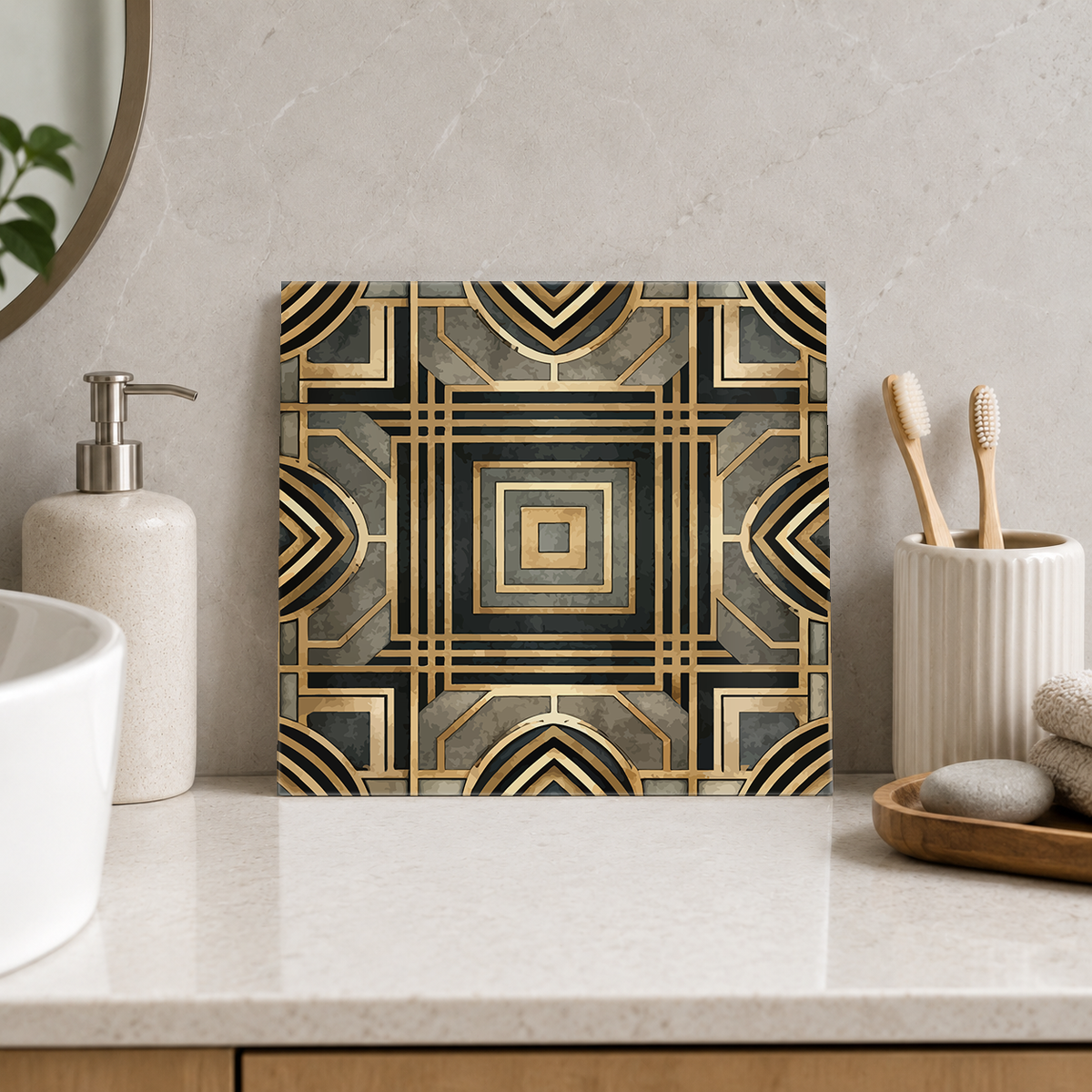 Charcoal Golden Square Medallion Tile displayed in the bathroom tile mock-up