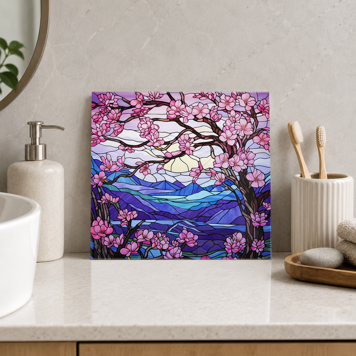 Cherry Blossom Tree above Blue Mountains Tile displayed in the bathroom tile mock-up