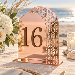Chevron Cascade Arch Table Number in rose gold mirror acrylic with dark wood raised number and flat base