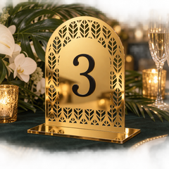 Chevron Halo Arch Table Number in gold mirror acrylic with black raised number and flat base
