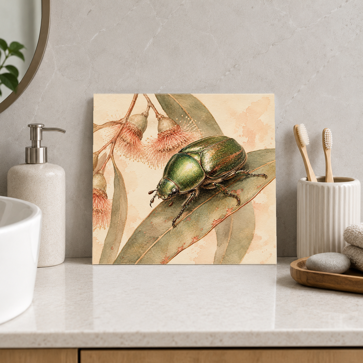 Christmas Beetle ceramic decorative tile in Warm Country, shown in a room mockup