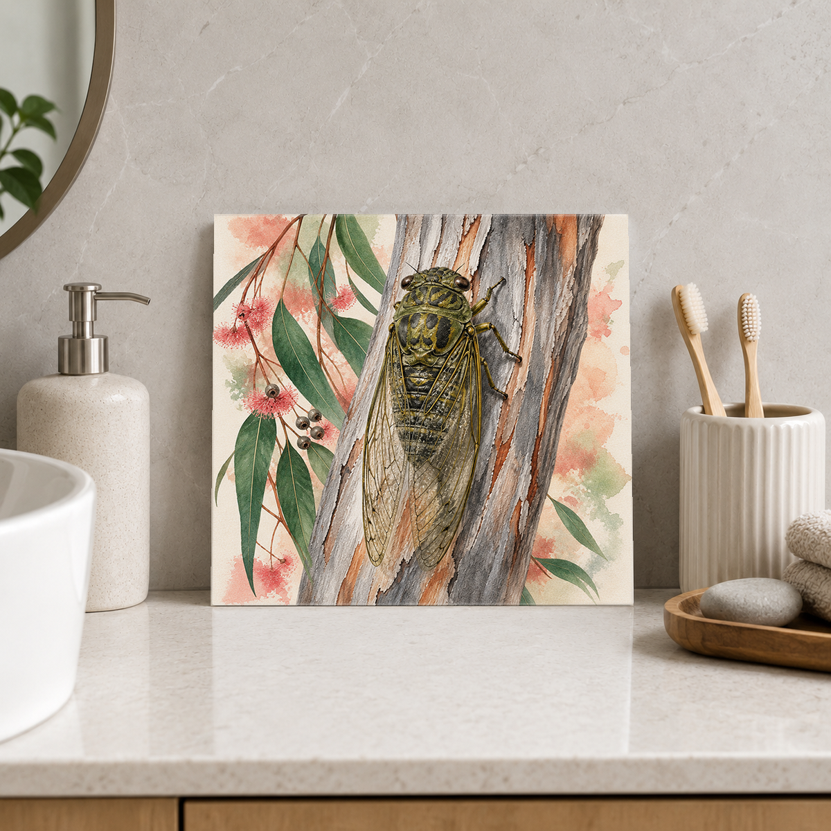 Cicada ceramic decorative tile in Pop Color, shown in a room mockup