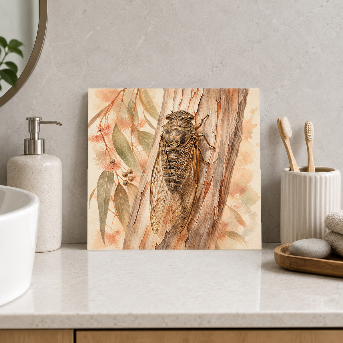 Cicada ceramic decorative tile in Warm Country, shown in a room mockup