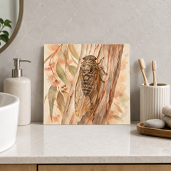 Cicada ceramic decorative tile in Warm Country, shown in a room mockup