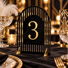Classic Deco Arch Table Number in black acrylic with gold raised number and triangle feet