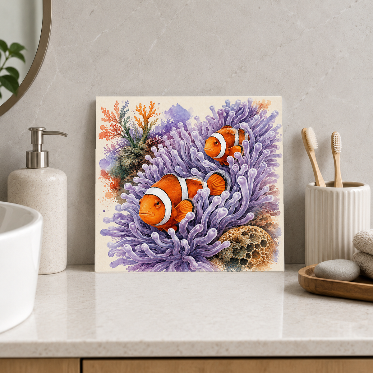 Clownfish and Anemone ceramic decorative tile in Pop Color, shown in a room mockup