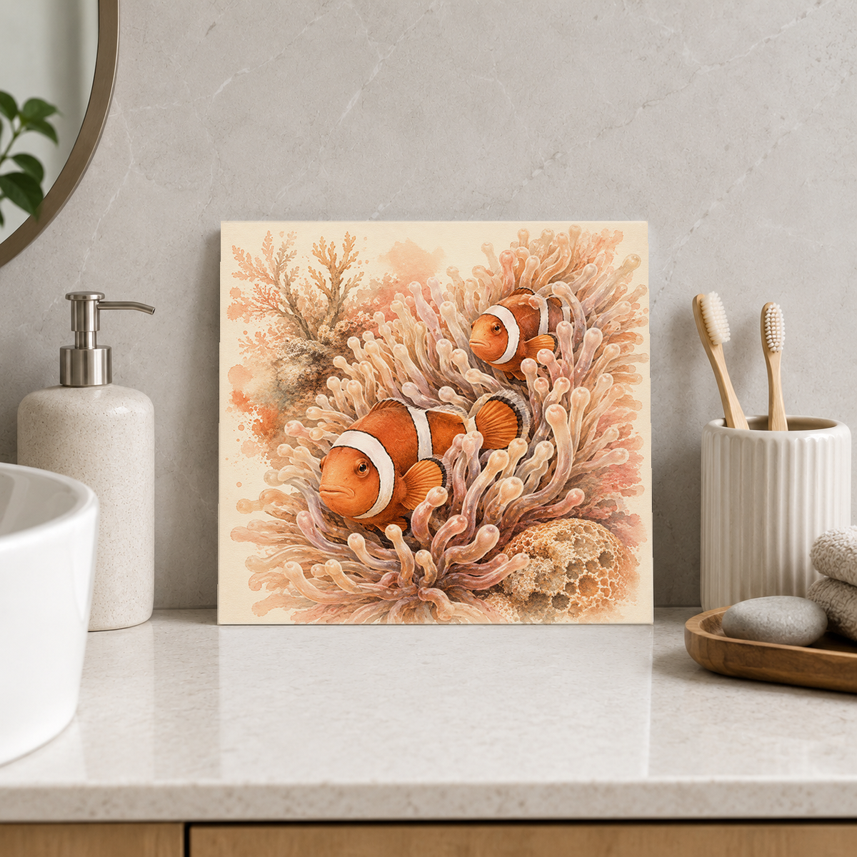 Clownfish and Anemone ceramic decorative tile in Warm Country, shown in a room mockup