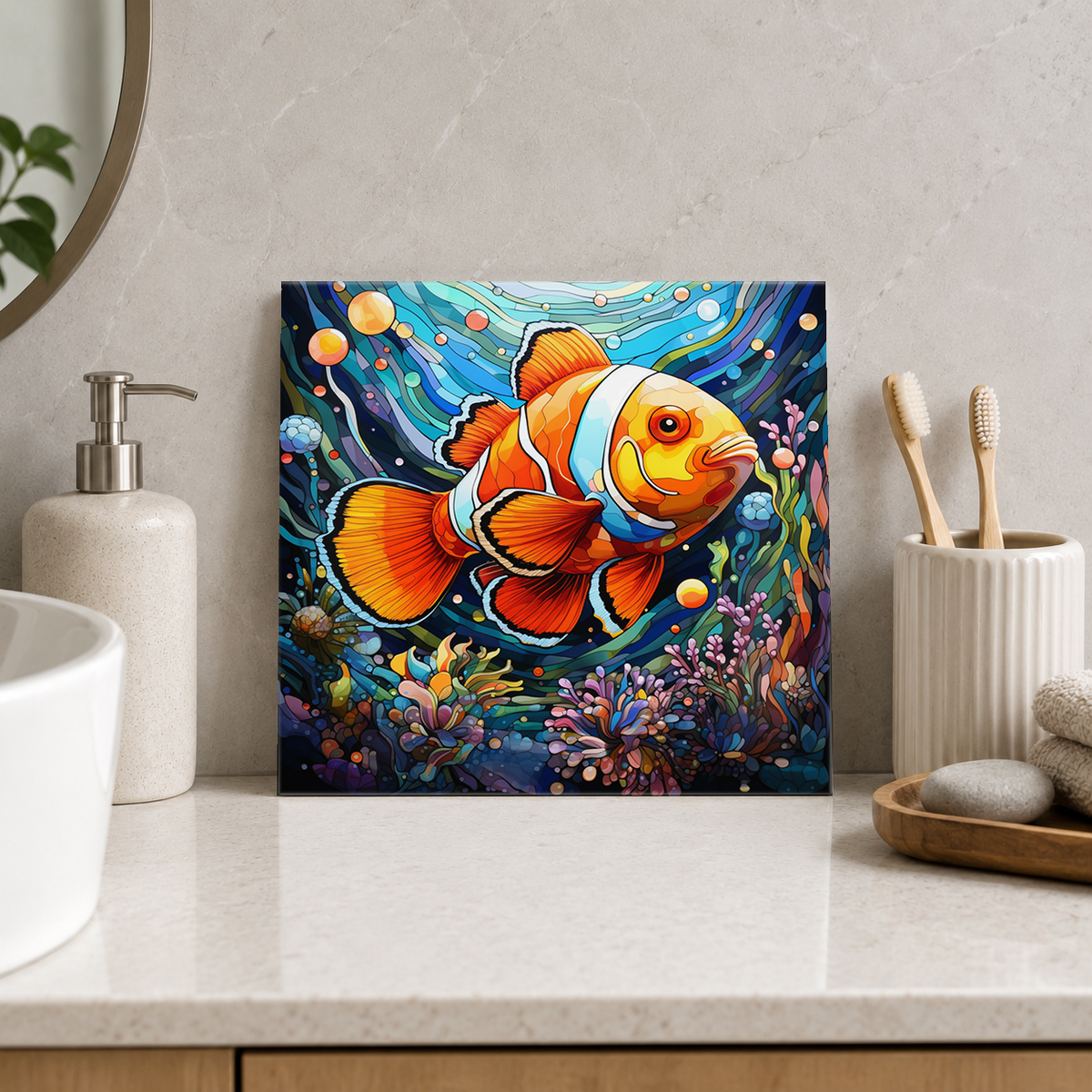 Clownfish in Coral Garden Tile displayed in the bathroom tile mock-up
