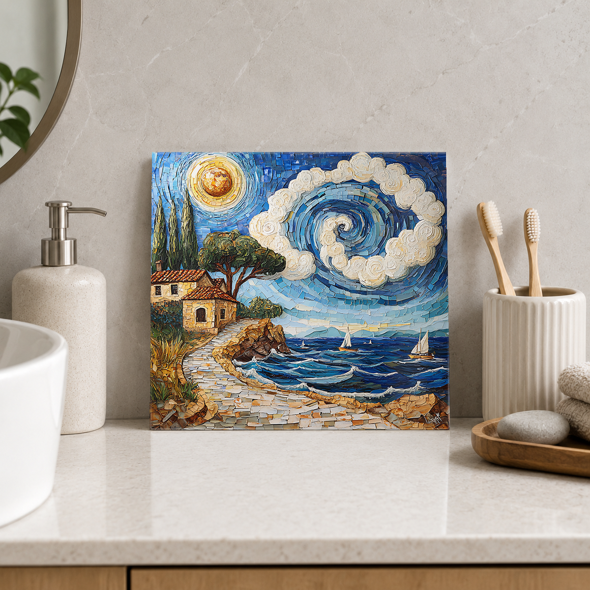 Coastal Cove and Spiral Clouds Tile displayed in the bathroom tile mock-up