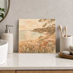 Coastal Headland ceramic decorative tile in Warm Country, shown in a room mockup