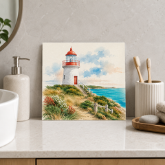 Coastal Lighthouse ceramic decorative tile in Pop Color, shown in a room mockup