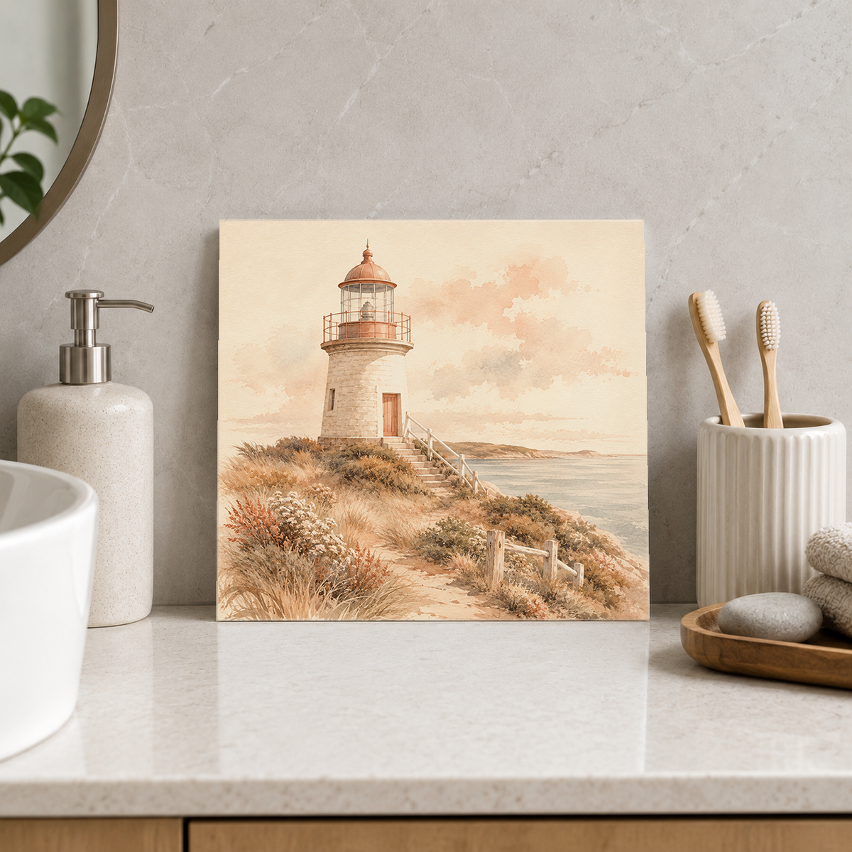 Coastal Lighthouse ceramic decorative tile in Warm Country, shown in a room mockup