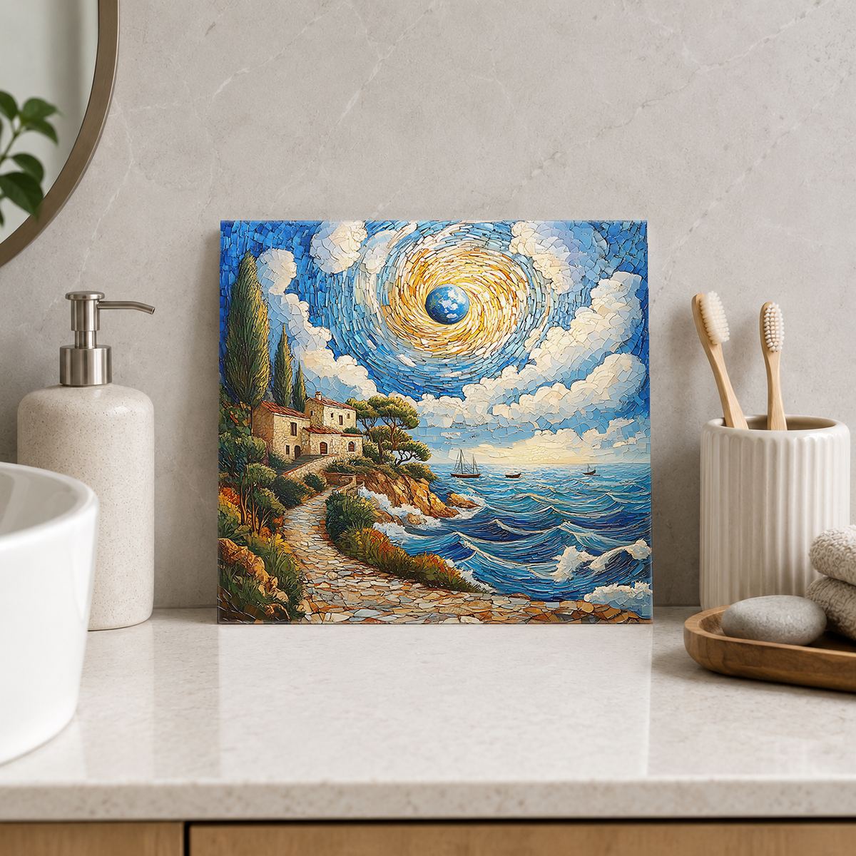 Coastal Path beneath Golden Spiral Tile displayed in the bathroom tile mock-up