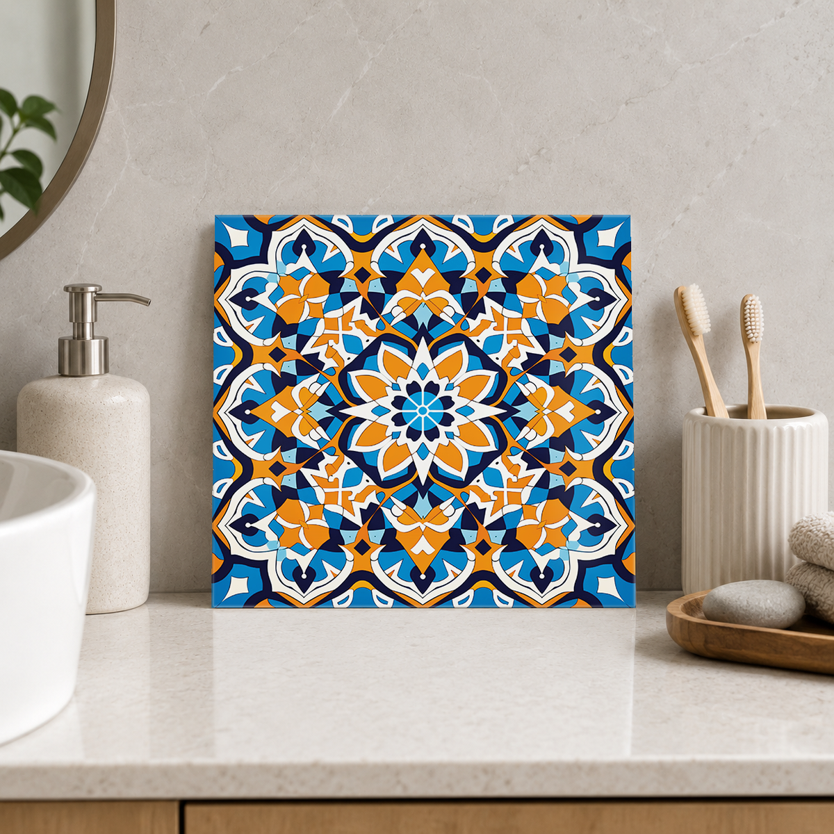 Cobalt and Amber Starburst Tile displayed in the bathroom tile mock-up