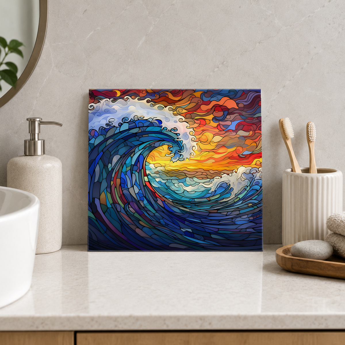 Cobalt Breaking Wave at Sunset Tile displayed in the bathroom tile mock-up