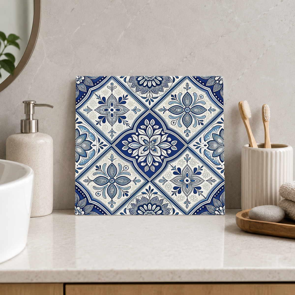 Cobalt Floral Cross Patchwork Tile displayed in the bathroom tile mock-up