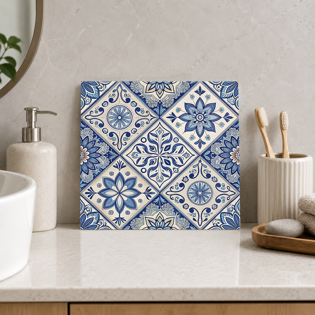 Cobalt Floral Mosaic Diamonds Tile displayed in the bathroom tile mock-up