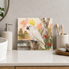 Cockatoo at the Trough ceramic decorative tile in Pop Color, shown in a room mockup