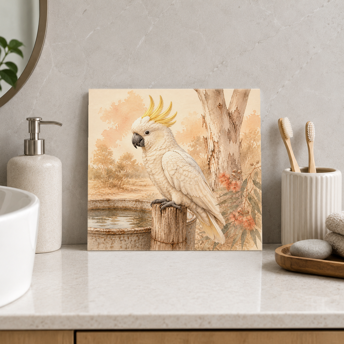 Cockatoo at the Trough ceramic decorative tile in Warm Country, shown in a room mockup