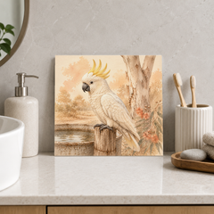 Cockatoo at the Trough ceramic decorative tile in Warm Country, shown in a room mockup