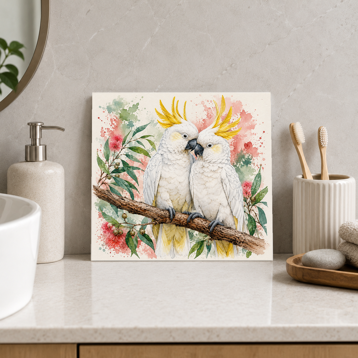 Cockatoo Pair ceramic decorative tile in Pop Color, shown in a room mockup