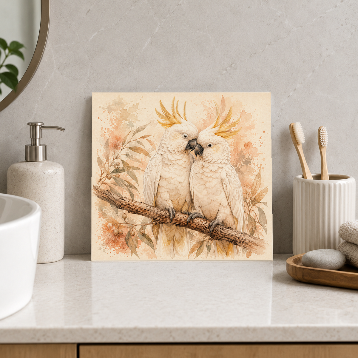 Cockatoo Pair ceramic decorative tile in Warm Country, shown in a room mockup