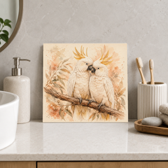 Cockatoo Pair ceramic decorative tile in Warm Country, shown in a room mockup