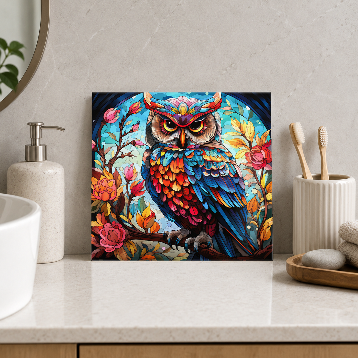 Colourful Owl beside Roses Tile displayed in the bathroom tile mock-up