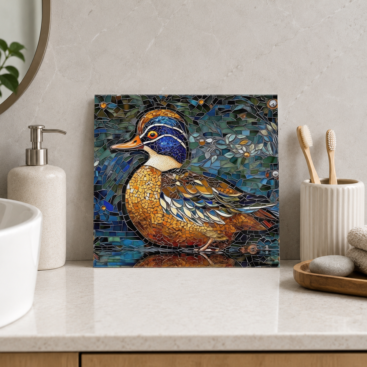 Colourful Wood Duck Tile displayed in the bathroom tile mock-up