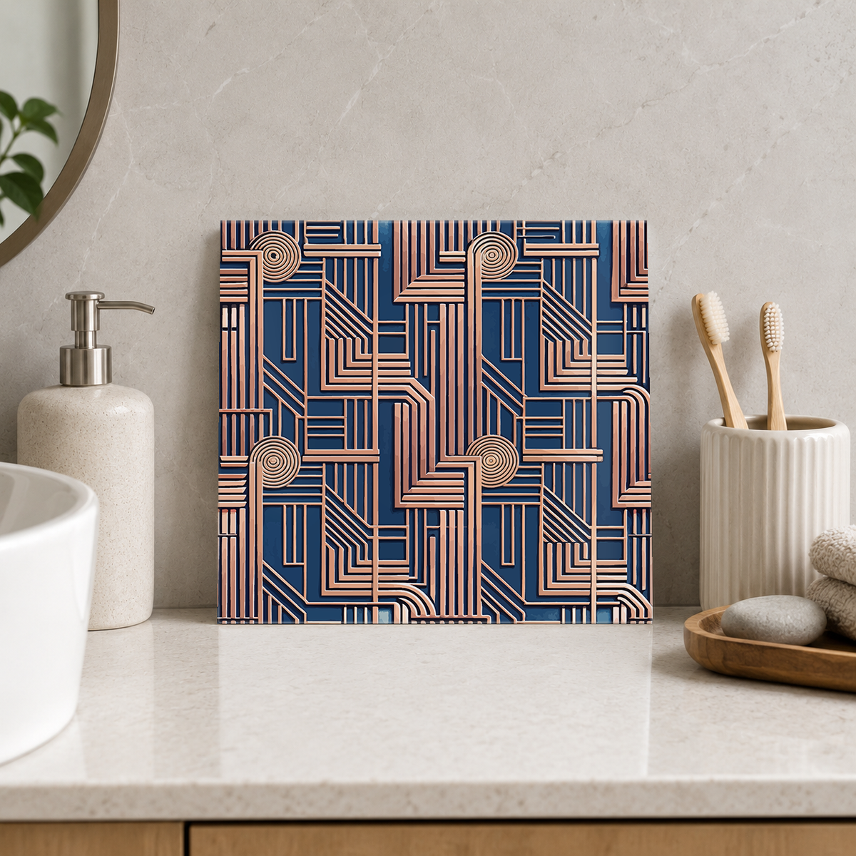 Copper Circuit Lines on Navy Tile displayed in the bathroom tile mock-up
