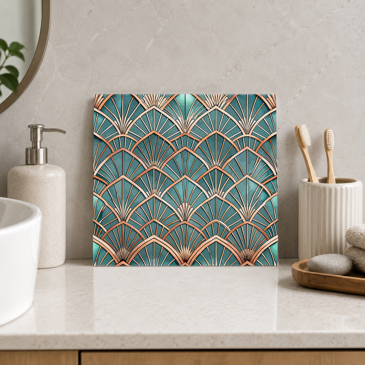 Copper Fan Arches on Teal Tile displayed in the bathroom tile mock-up