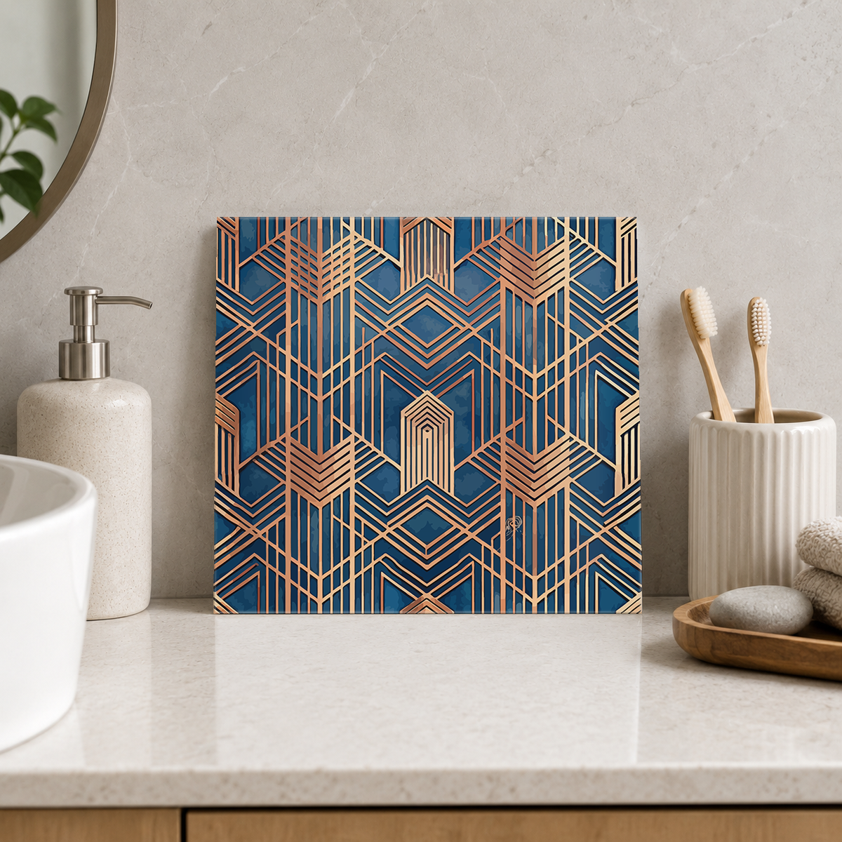Copper Geometric Lines on Navy Tile displayed in the bathroom tile mock-up