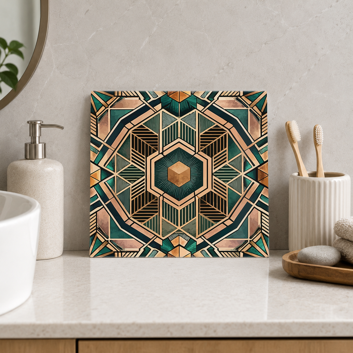 Copper Hexagonal Web Tile displayed in the bathroom tile mock-up
