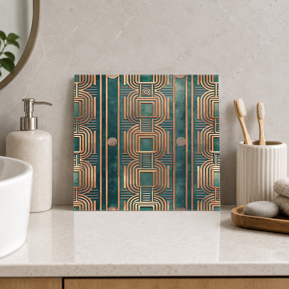 Copper Rounded Squares on Teal Tile displayed in the bathroom tile mock-up