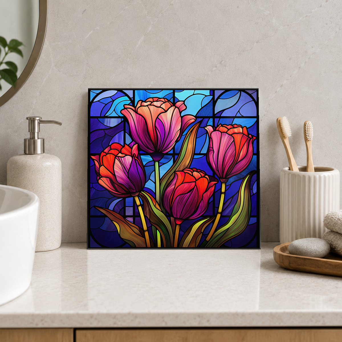 Coral and Purple Tulips on Blue Tile displayed in the bathroom tile mock-up