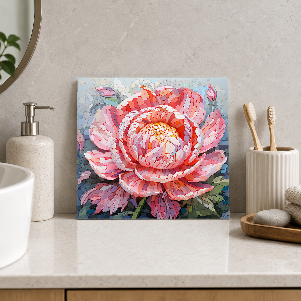 Coral Chrysanthemum Tile displayed in the bathroom tile mock-up