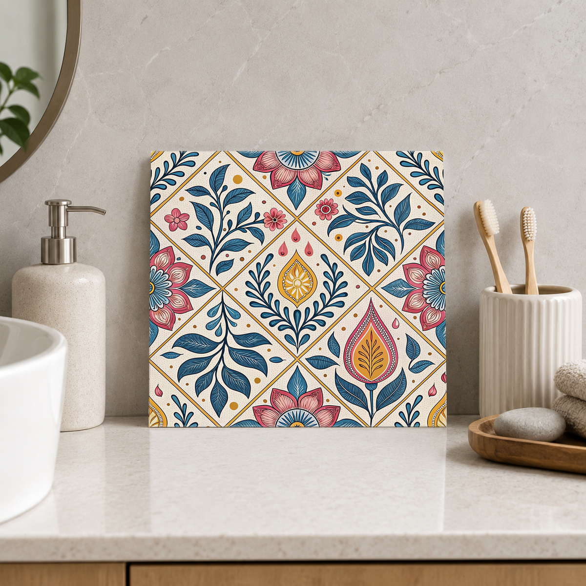 Coral Flowers and Navy Botanical Diamonds Tile displayed in the bathroom tile mock-up