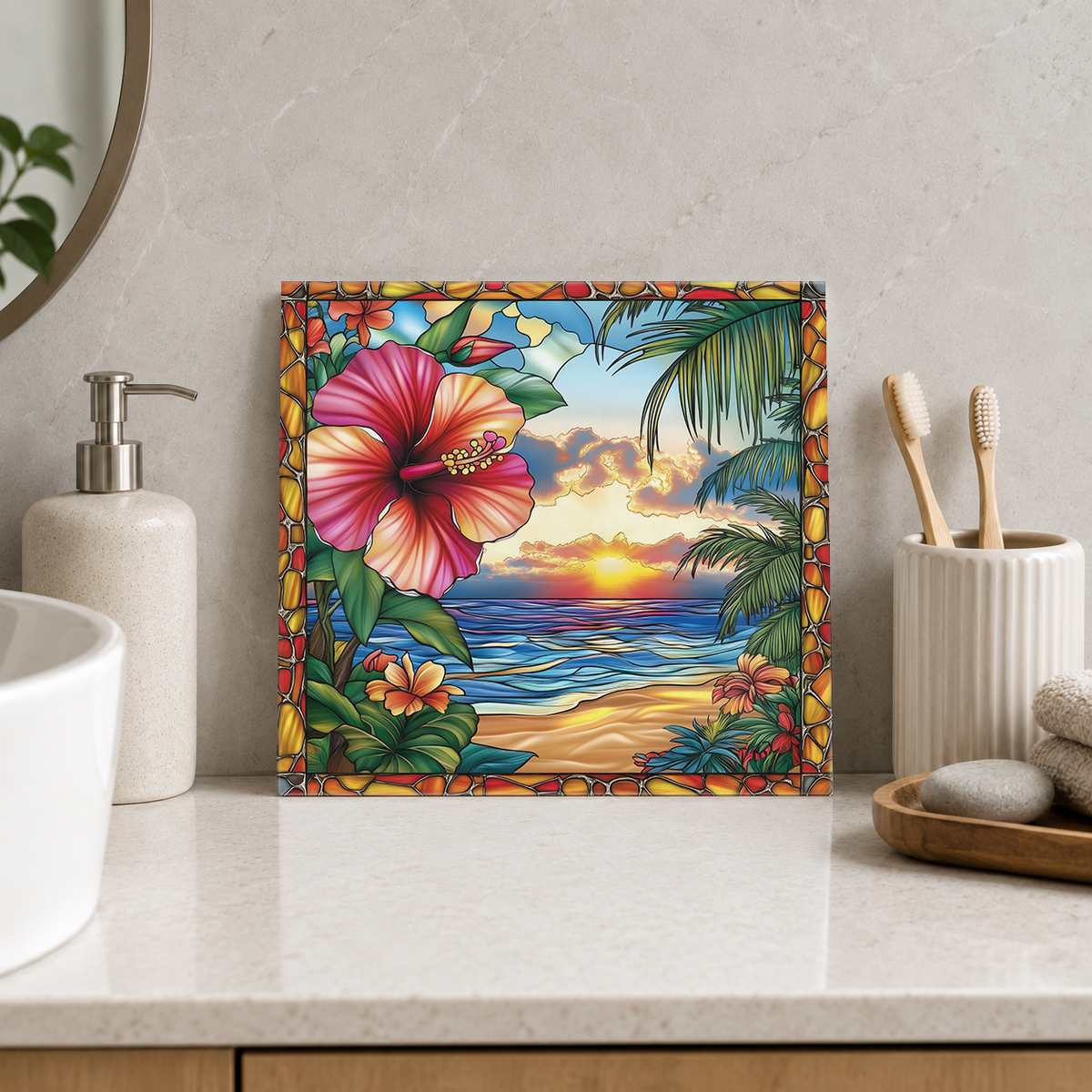 Coral Hibiscus at Ocean Sunset Tile displayed in the bathroom tile mock-up