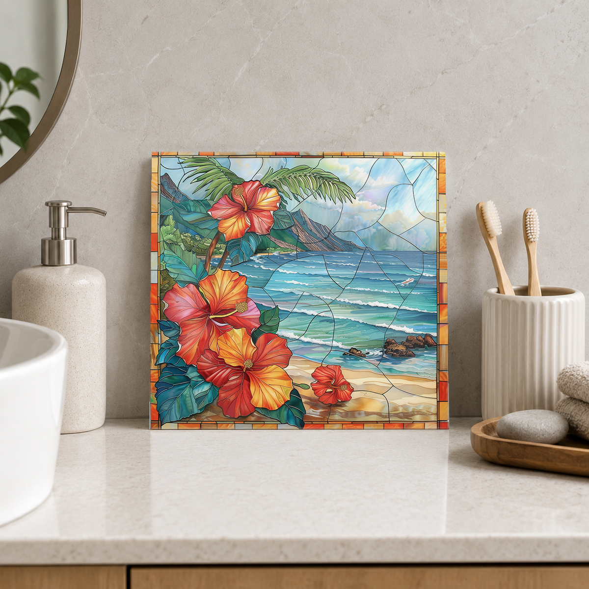Coral Hibiscus beside Mountain Bay Tile displayed in the bathroom tile mock-up