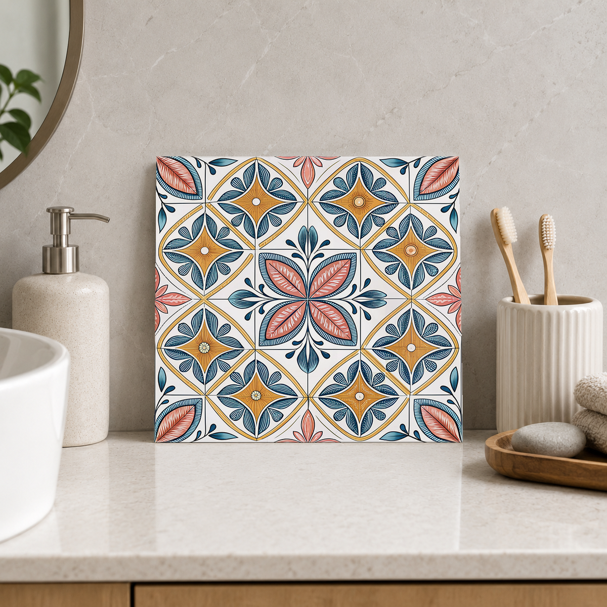 Coral Leaf Star and Ochre Diamonds Tile displayed in the bathroom tile mock-up