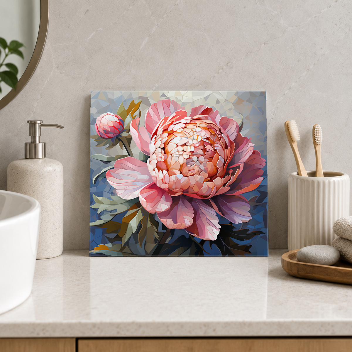 Coral Peony Bud Tile displayed in the bathroom tile mock-up