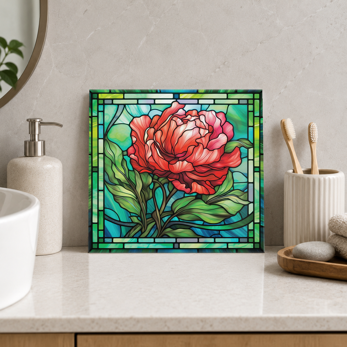 Coral Peony in Teal Frame Tile displayed in the bathroom tile mock-up