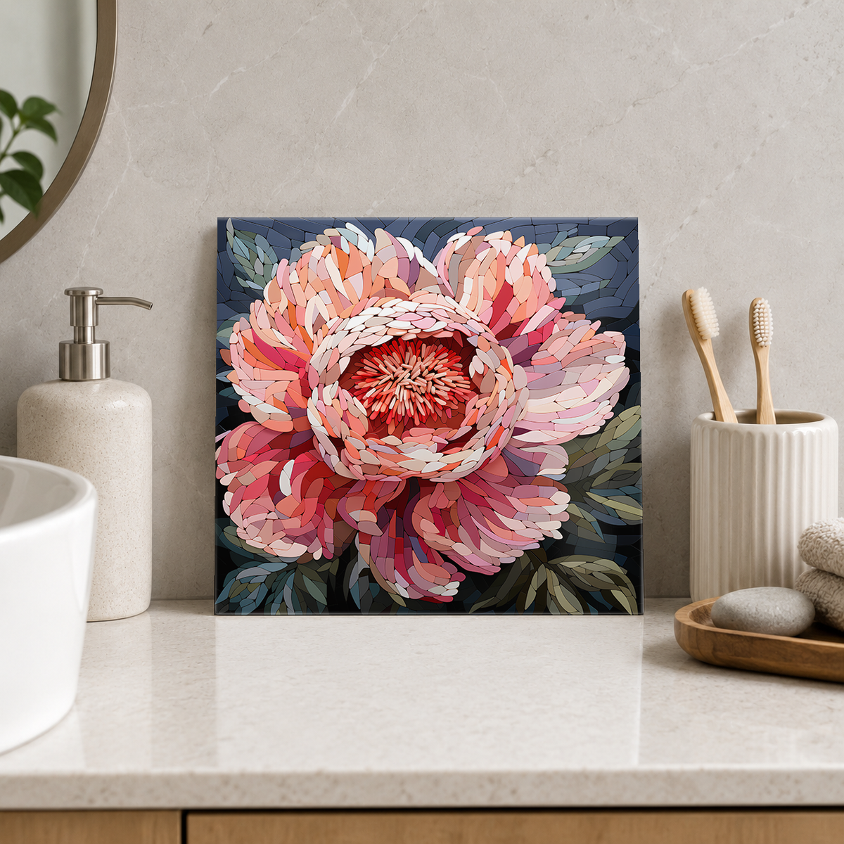 Coral Peony on Charcoal Tile displayed in the bathroom tile mock-up