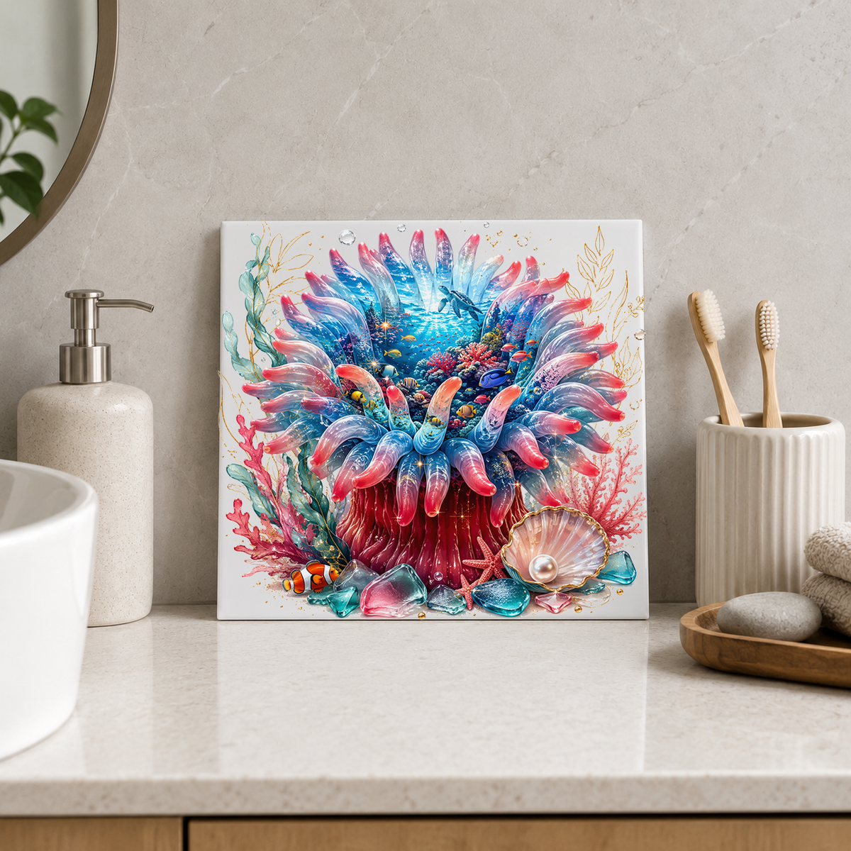 Coral Reef Anemone and Seashells Tile displayed in the bathroom tile mock-up